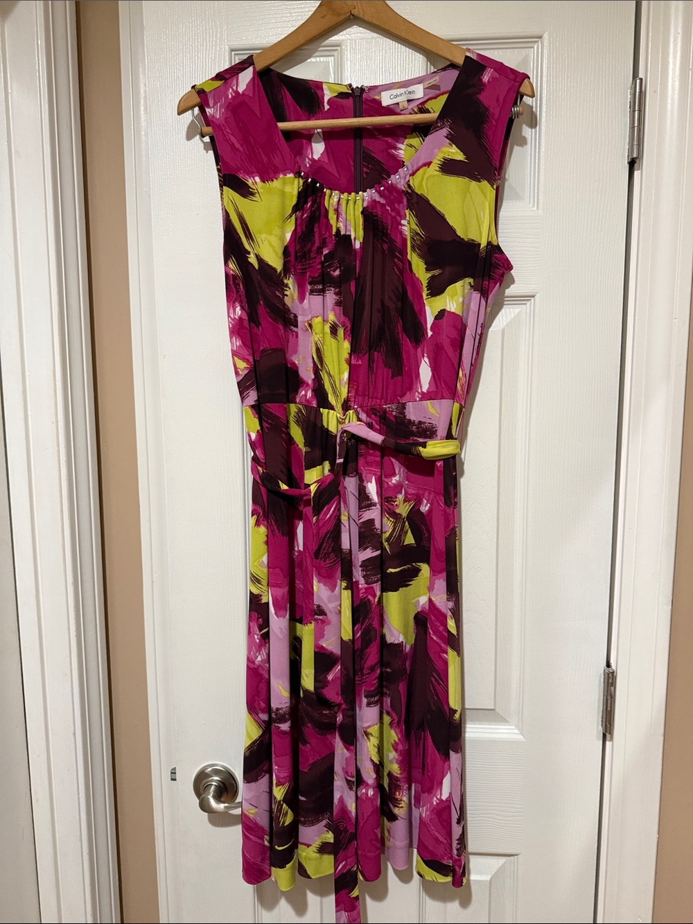 Calvin Klein Fuchsia, Lime & Black Brushstroke Sleeveless Dress